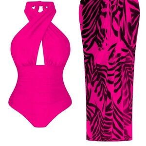 SHEIN Vibrant Pink Crisscross One Piece Swimsuit w/sarong